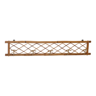 Rattan wall coat rack with 5 vintage hooks 1960