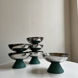 ensemble de 6 coupes à glaces en métal chromé et pieds en plastique vert, design 1970