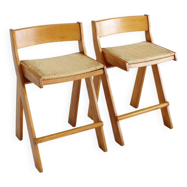 Tabourets de bar vintage italiens en bois et corde, lot de 2