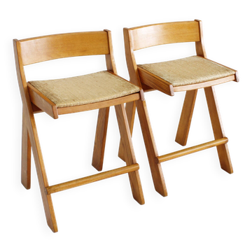 Vintage Italian wood and rope bar stools , set of 2