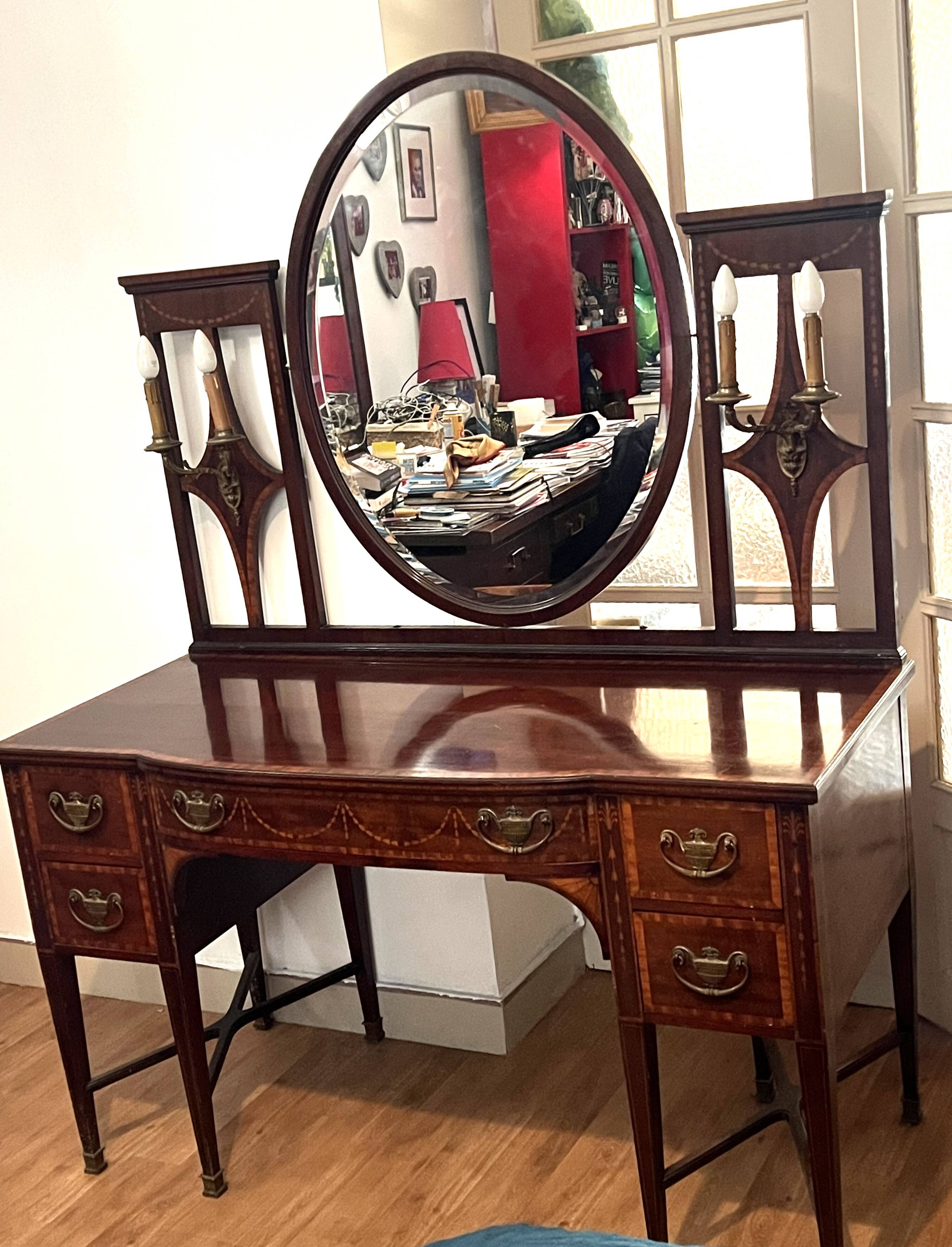 Louis XVI style dressing table – marquetry, oval mirror.