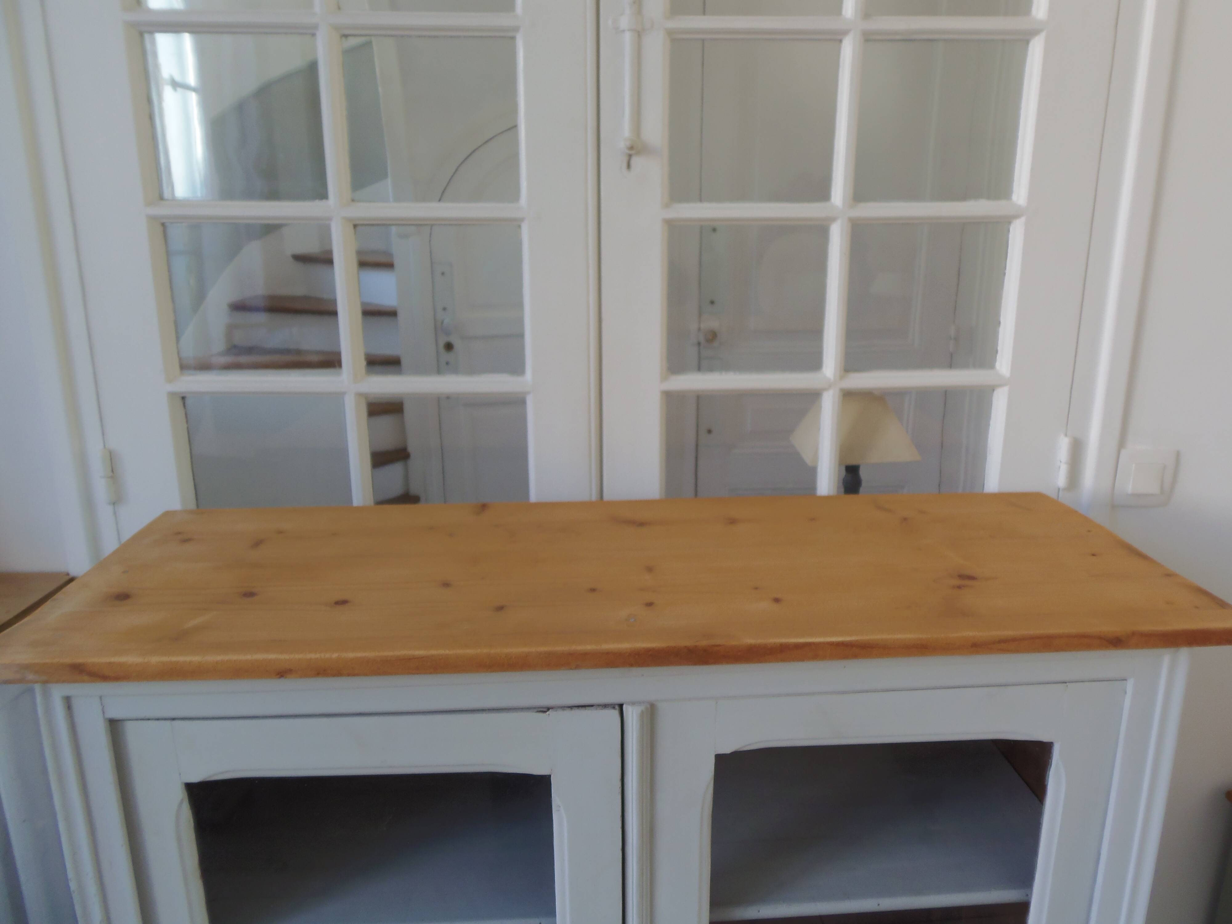 Display case, old shallow sideboard re-enchanted in cloud gray.