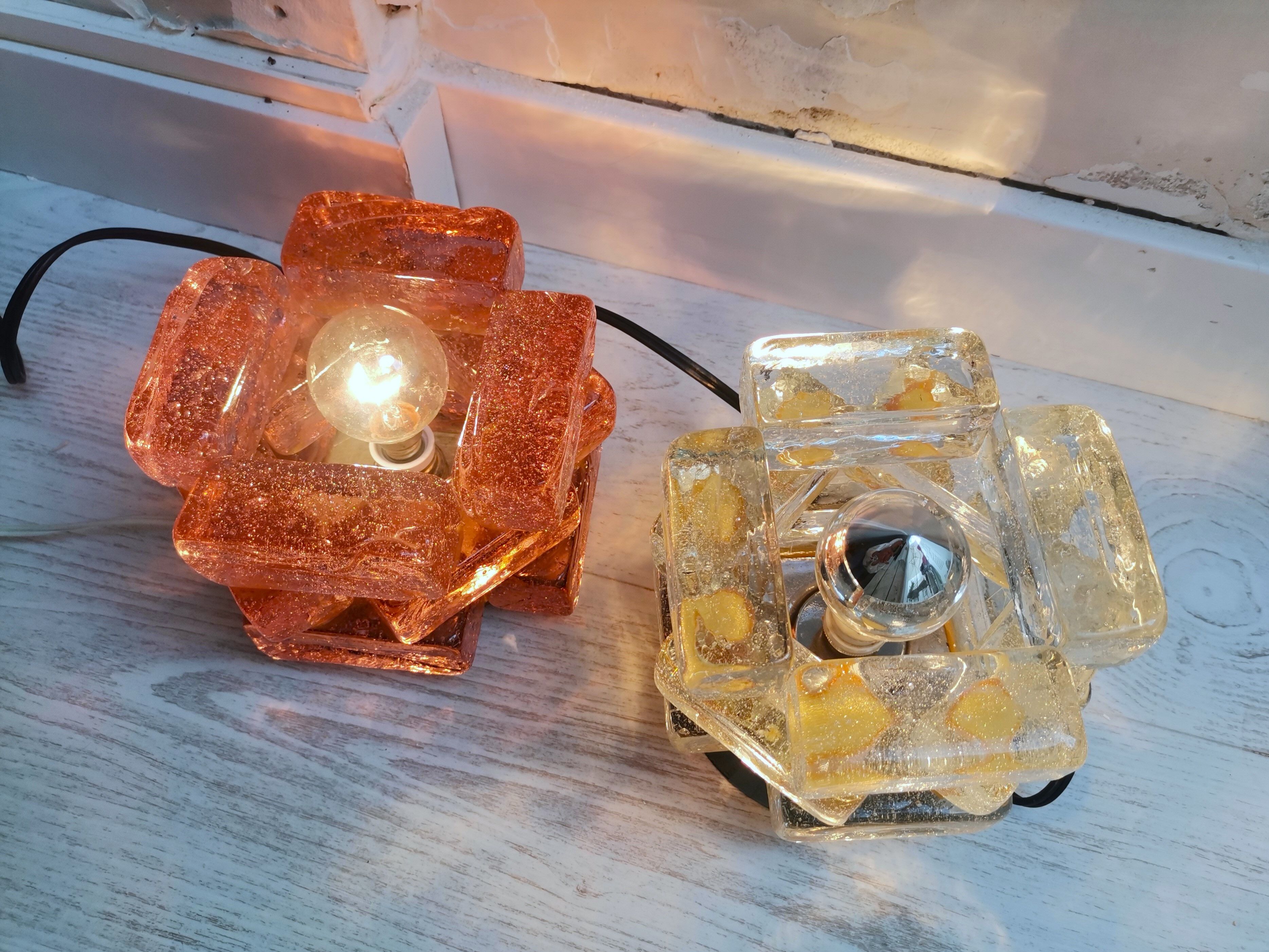 Brutalist solid bubble glass clear and red table lamps 1960s, set of 2