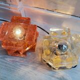 Brutalist solid bubble glass clear and red table lamps 1960s, set of 2