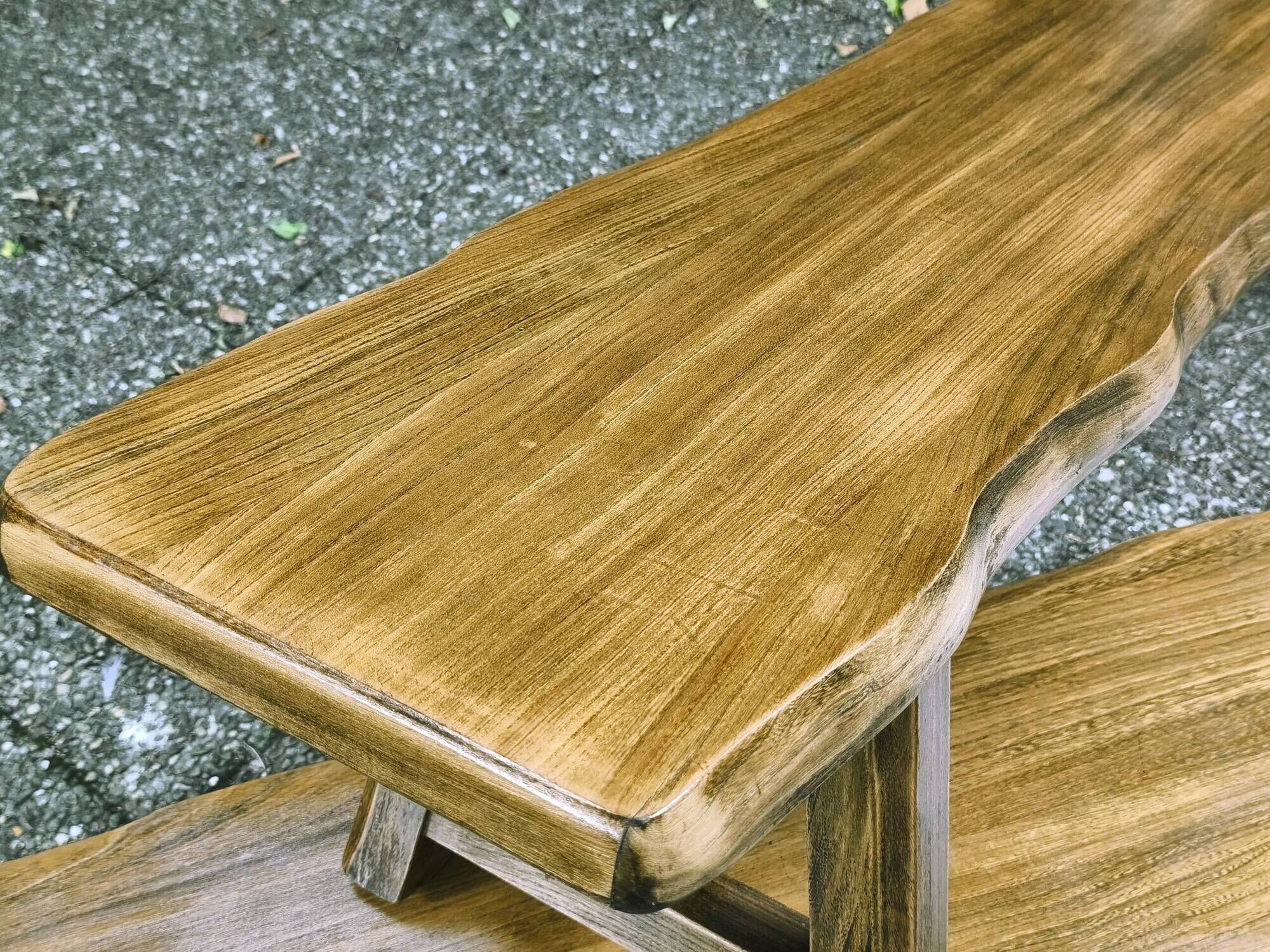 Pair of brutalist benches in solid blond elm by Aranjou, France, 1970s