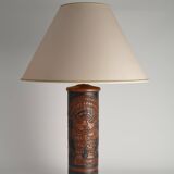 Mid-Century Modern Aztec Motif Hand Tooled Leather Table Lamp