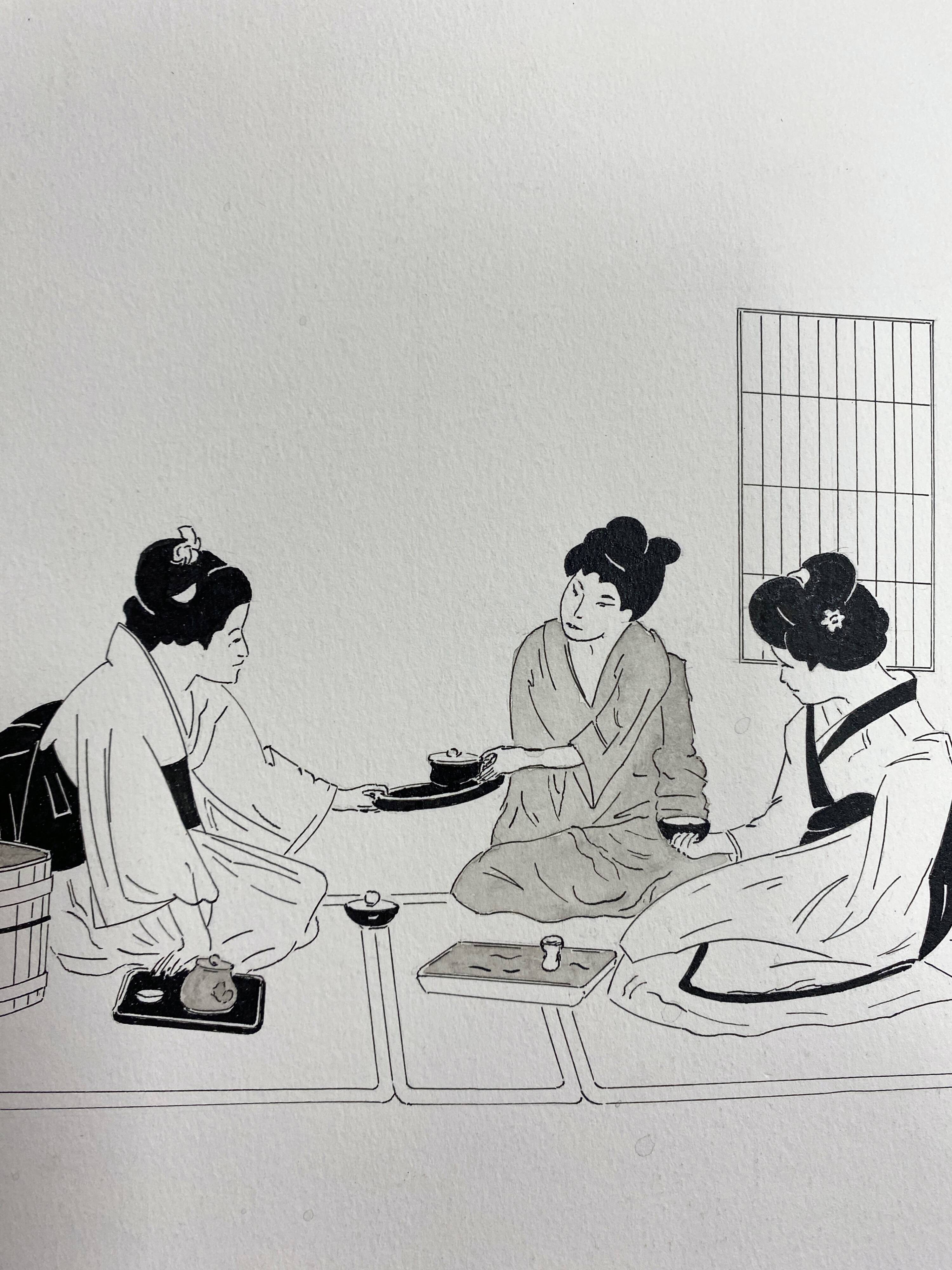 Two original ink and watercolor drawings signed Asia