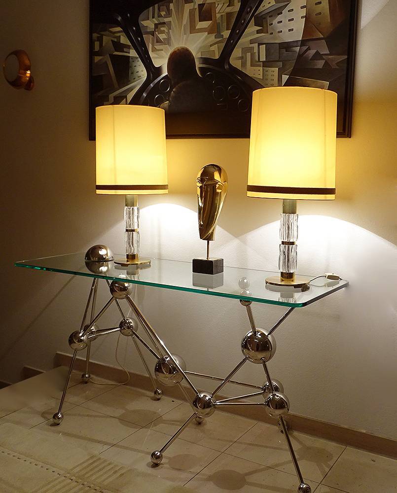 Pair Large Vintage Lamps, Glass & Brass