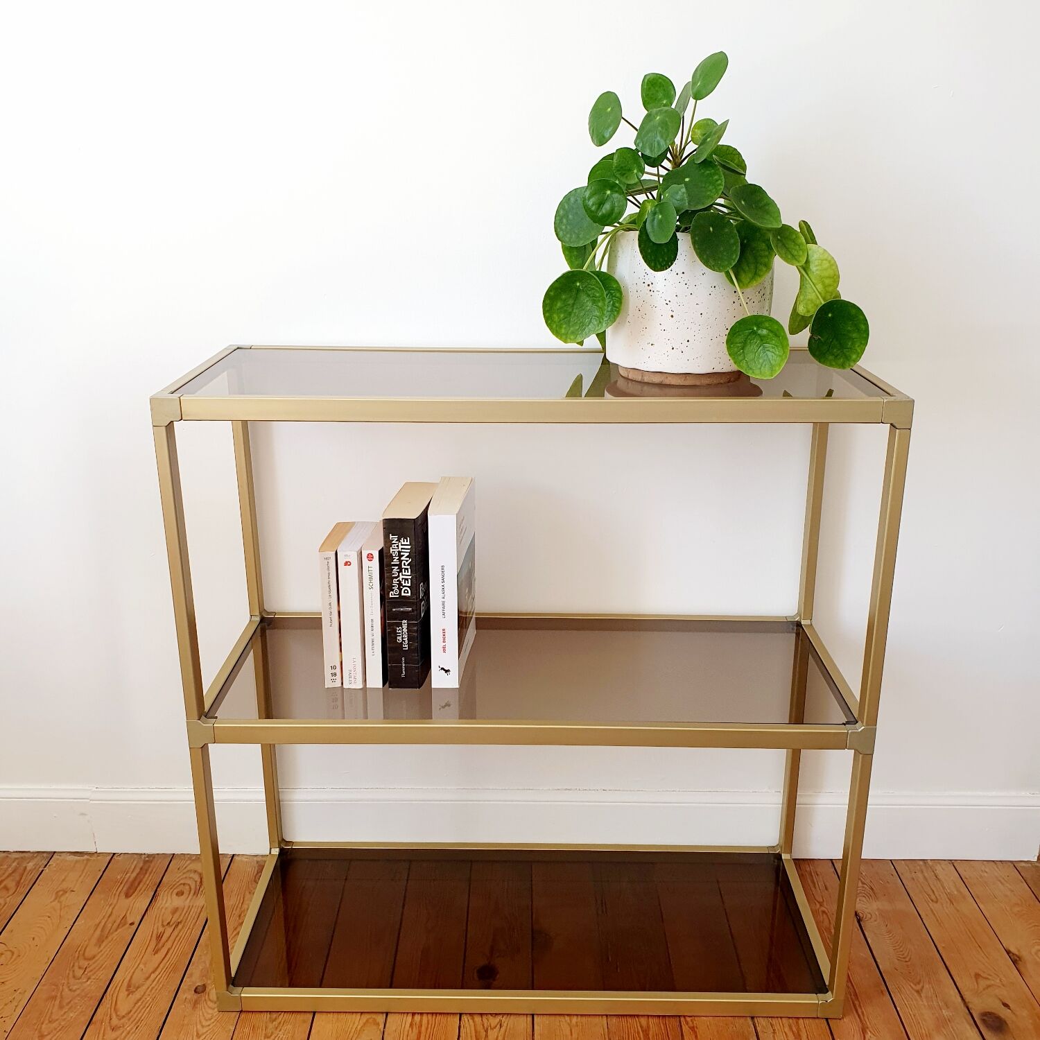 Golden metal shelf and smoked glass