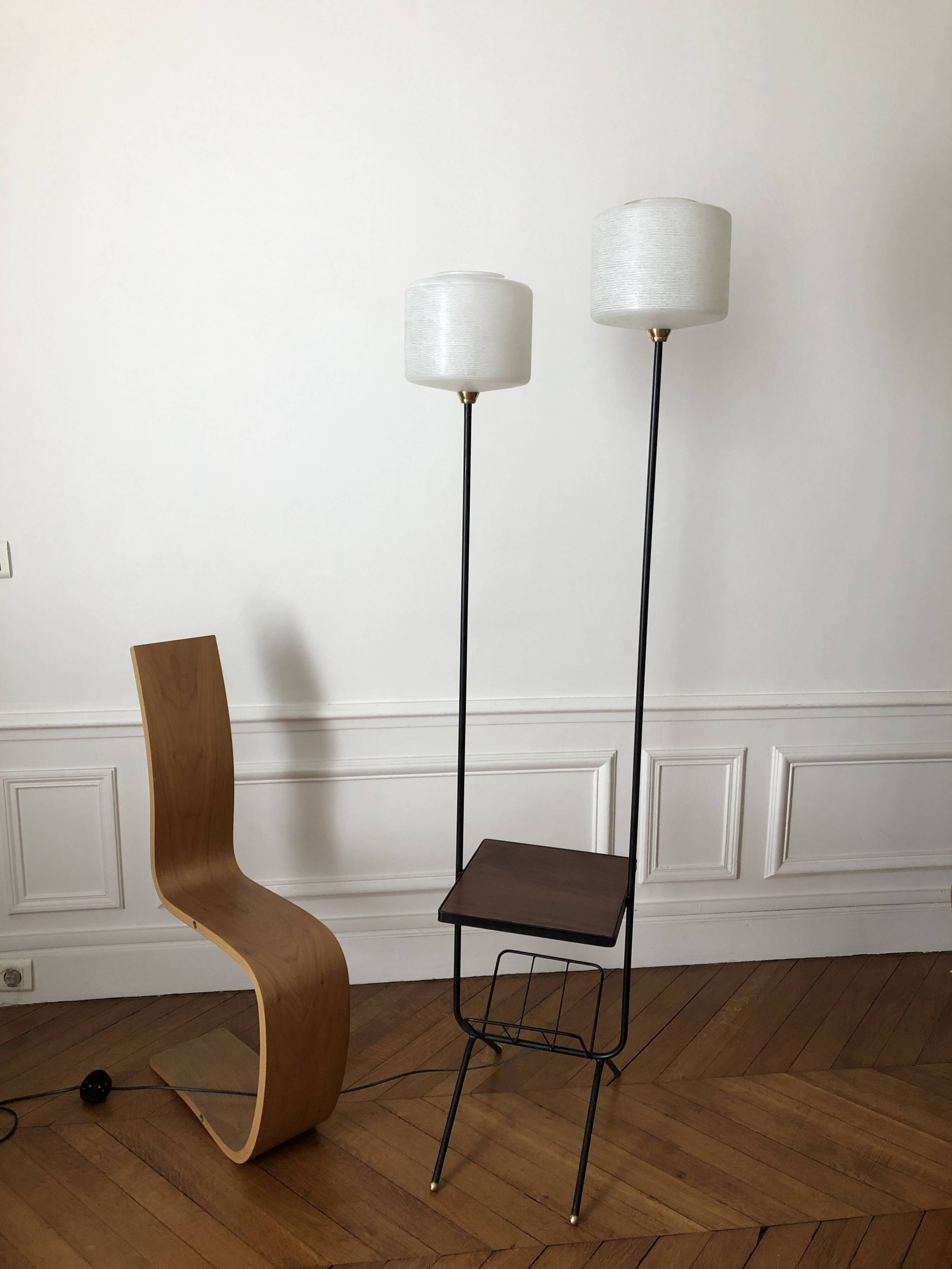 1950s-60s floor lamp with 2 lights - shelf - magazine holder