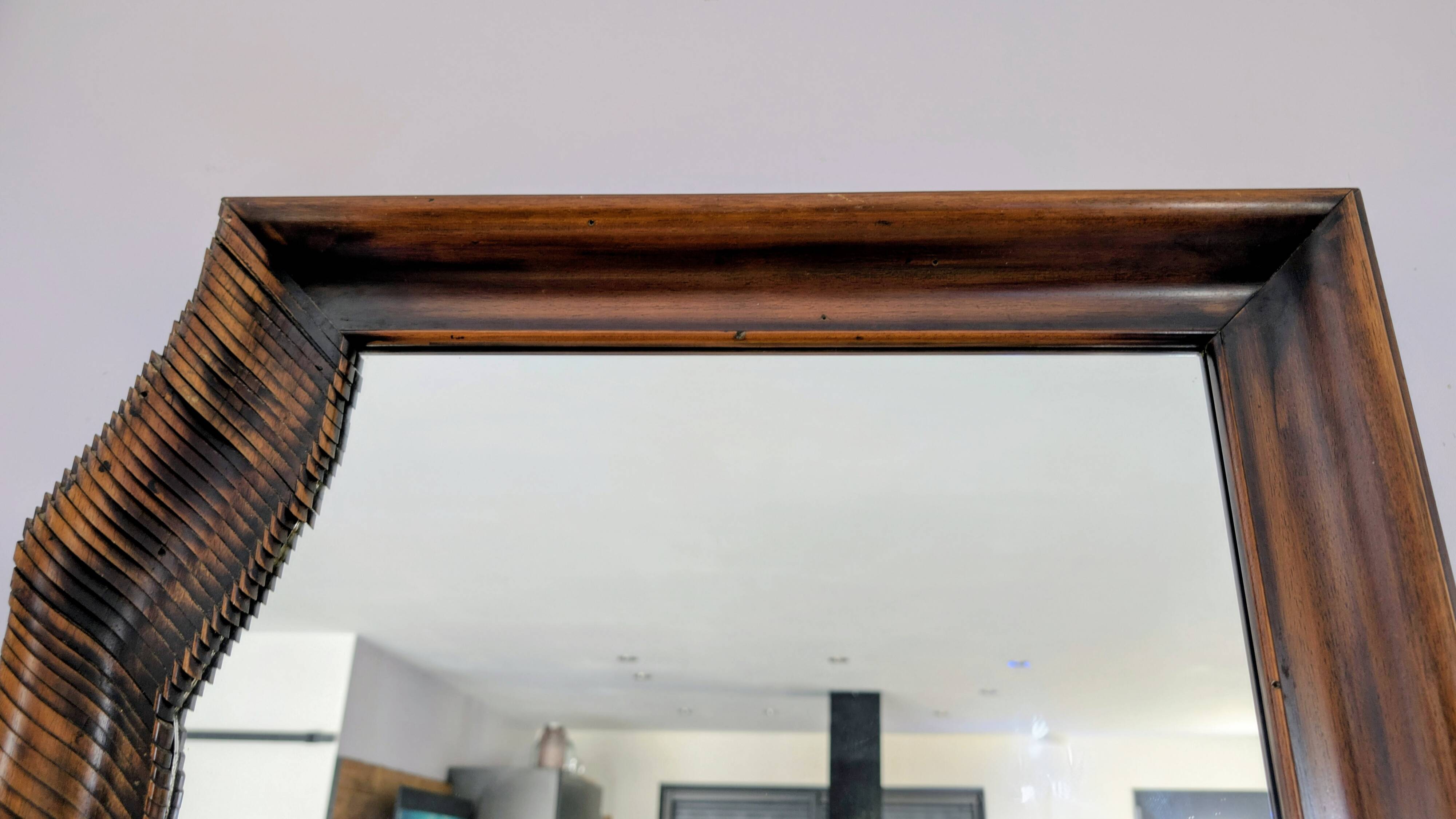 Large wooden wall mirror - wavy carving and natural patina