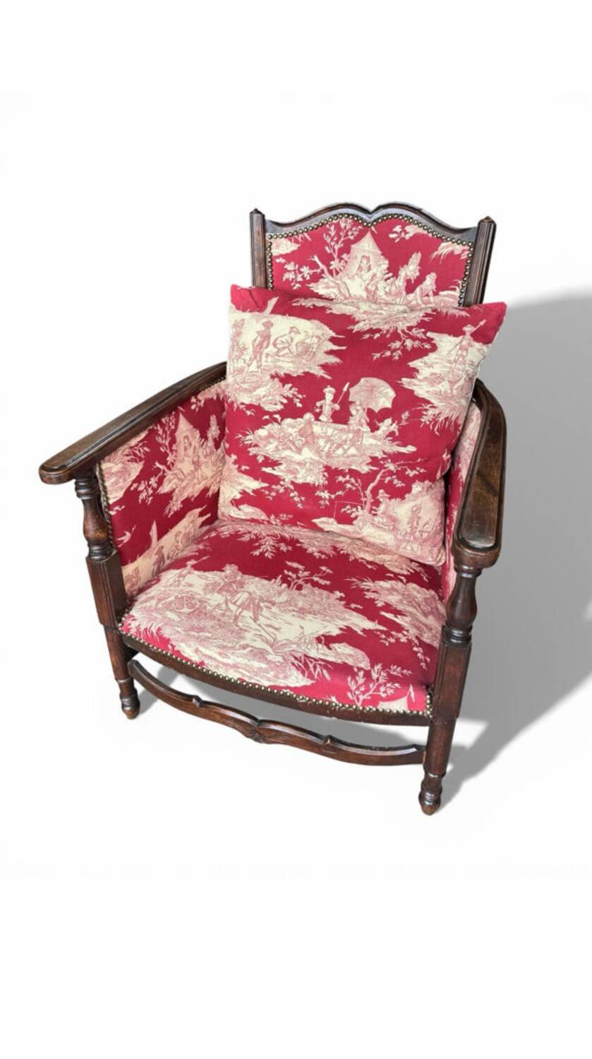 Antique armchair from around 1900, solid wood – red toile de Jouy.