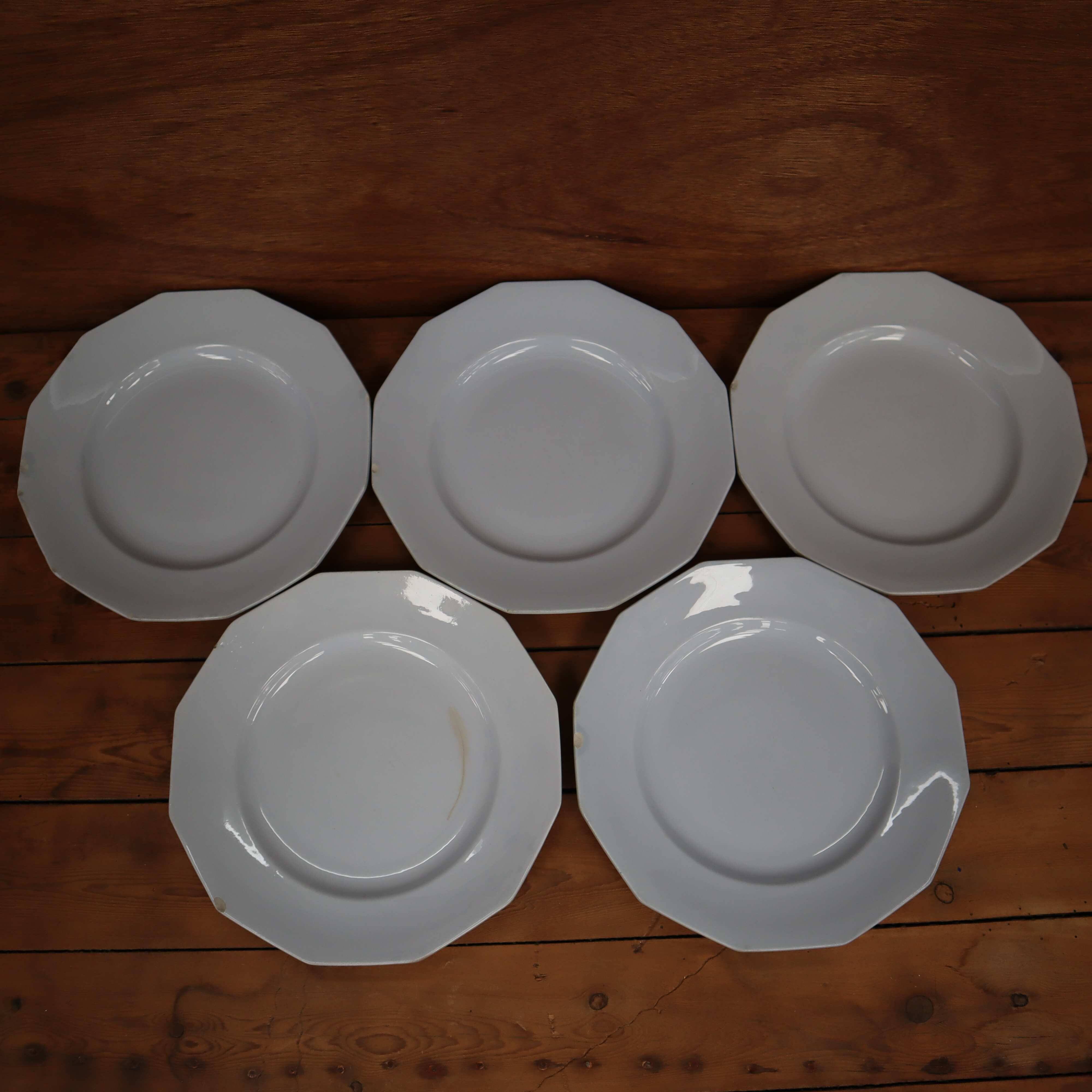 5 flat octagonal earthenware plates Moulin des loups pale blue color