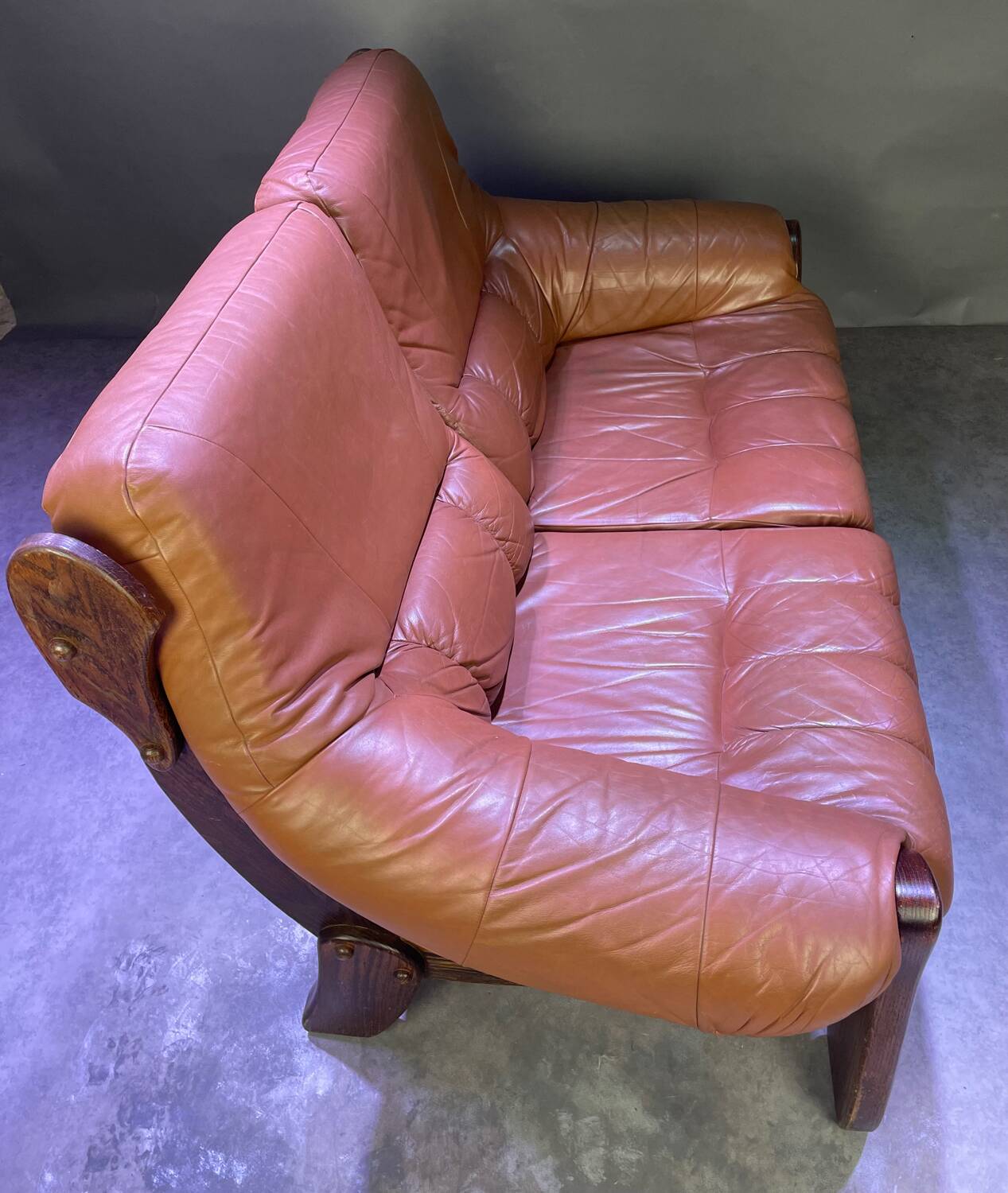 Brutalist style wood and leather sofa