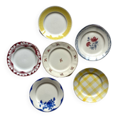 Set of 6 mismatched old earthenware flat plates Céranor Moulin des loups Digoin ACC-7187