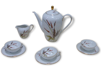 Service a café en porcelaine, motifs épis de blés vintage 1960