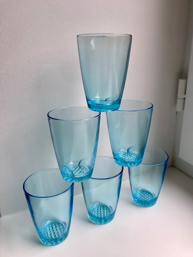 set of 6 water glasses Made in France blue glass 70s