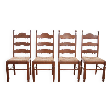 Set of 4 oak ladderback dining chairs with rush seats