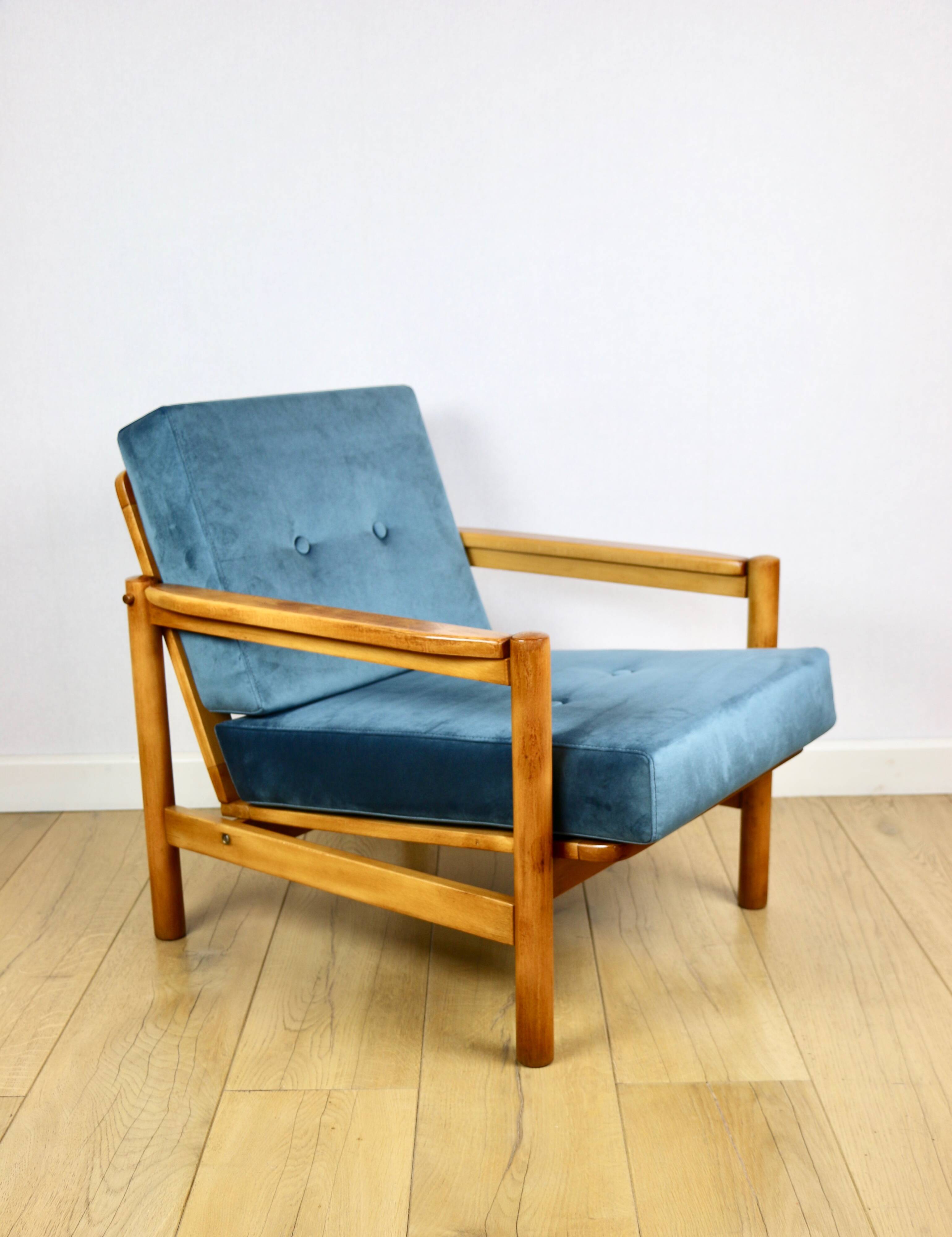 Wooden vintage armchair brown sea blue design by Z. Bączyk - light wood