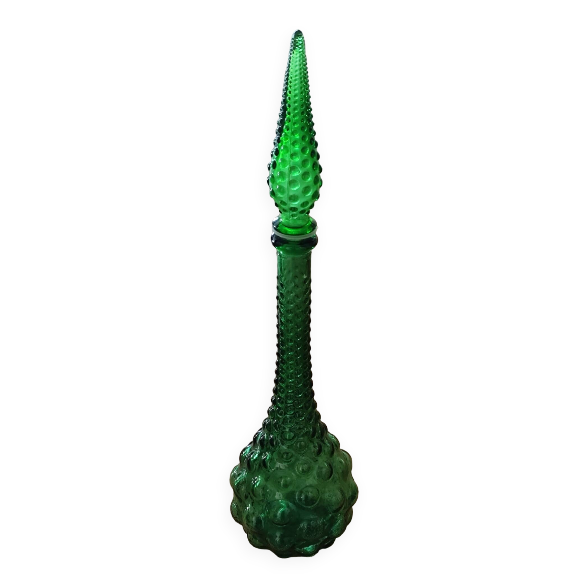 Italian carafe in Empoli glass, Boules model, green color, year 60.