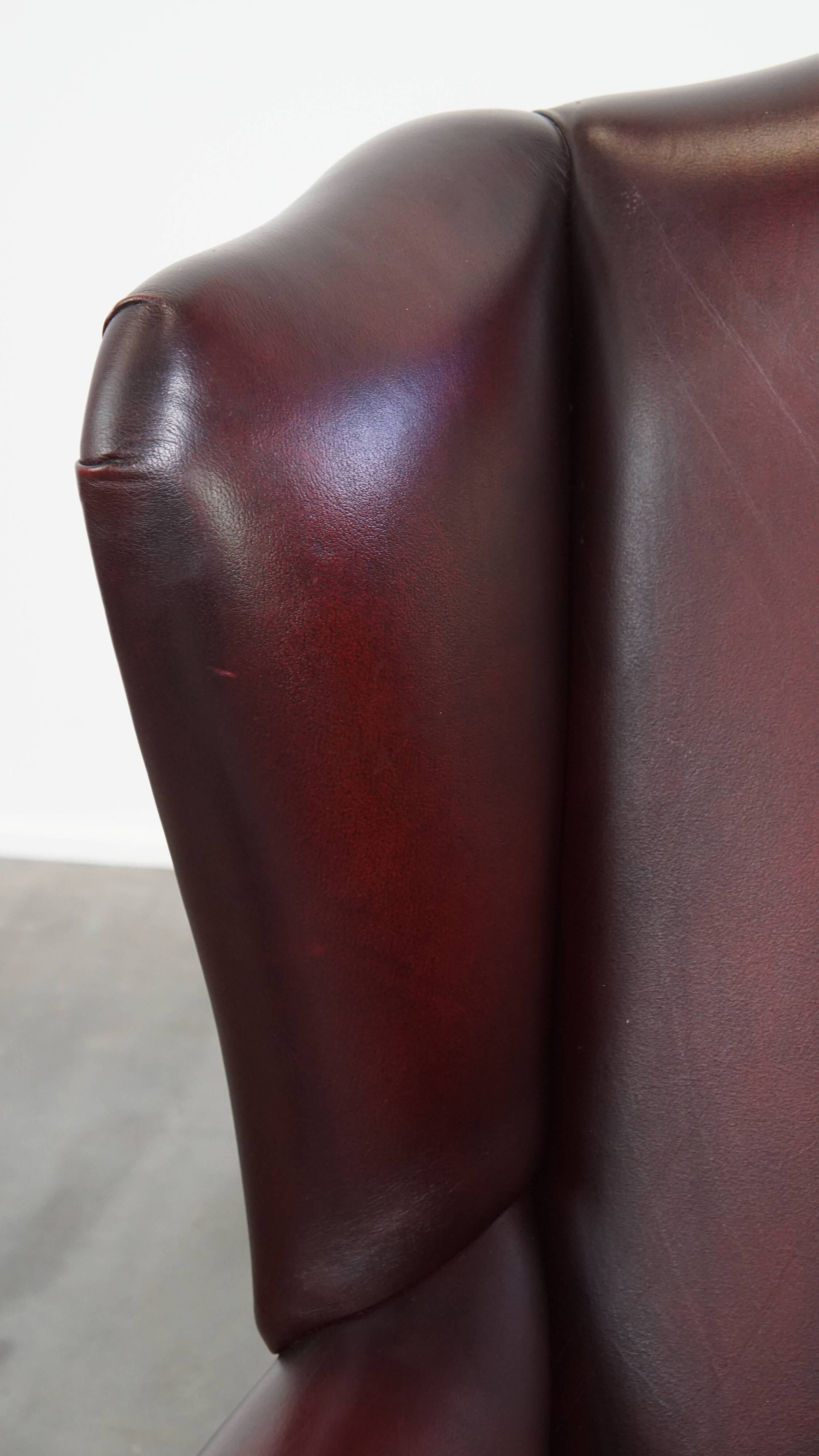 Bordeaux Red Cowhide Leather Wingback Chair in English Style