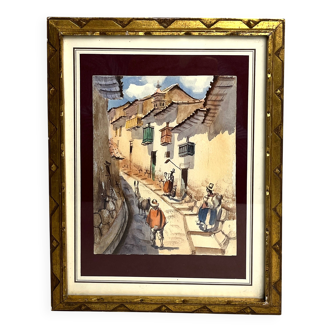 Gouache, lively street scene, South America, signed, 20th century