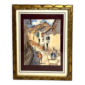 Gouache, lively street scene, South America, signed, 20th century