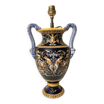 Gien Vase Renaissance Decor Hand-Painted Mounted as a Lamp