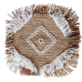 Cushion cover in natural raffia, shells and embroidery in macramé.