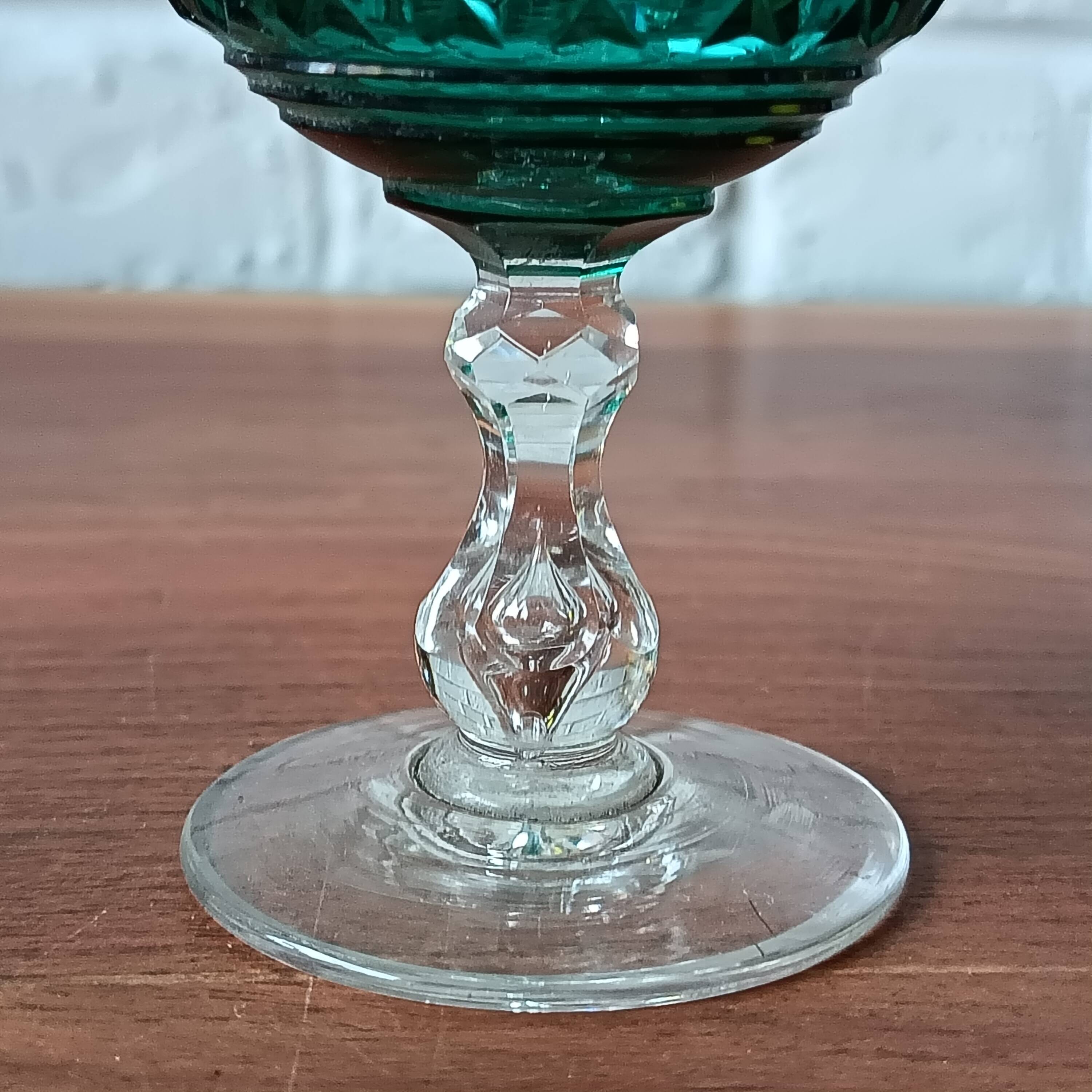2 vintage cut glass coloured stemmed glasses