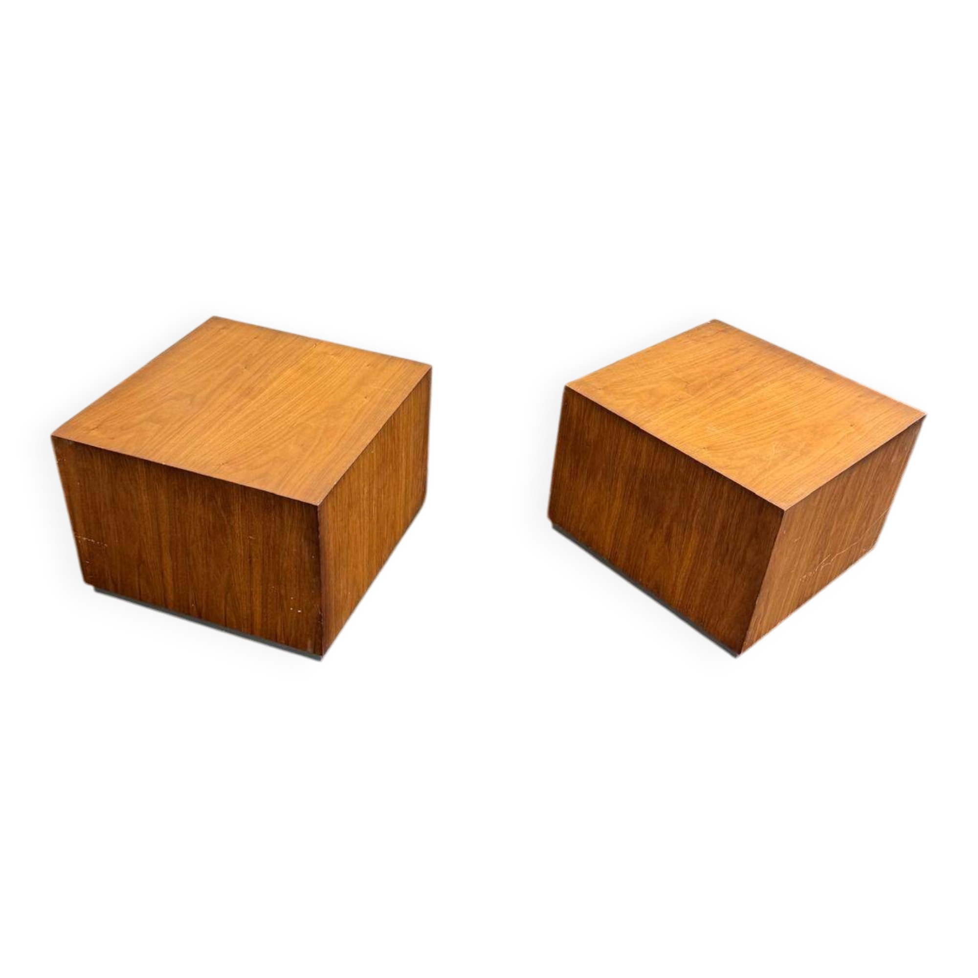 Set of two modernist cubes / side tables or stools in walnut.