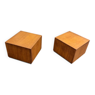 Set of two modernist cubes / side tables or stools in walnut.