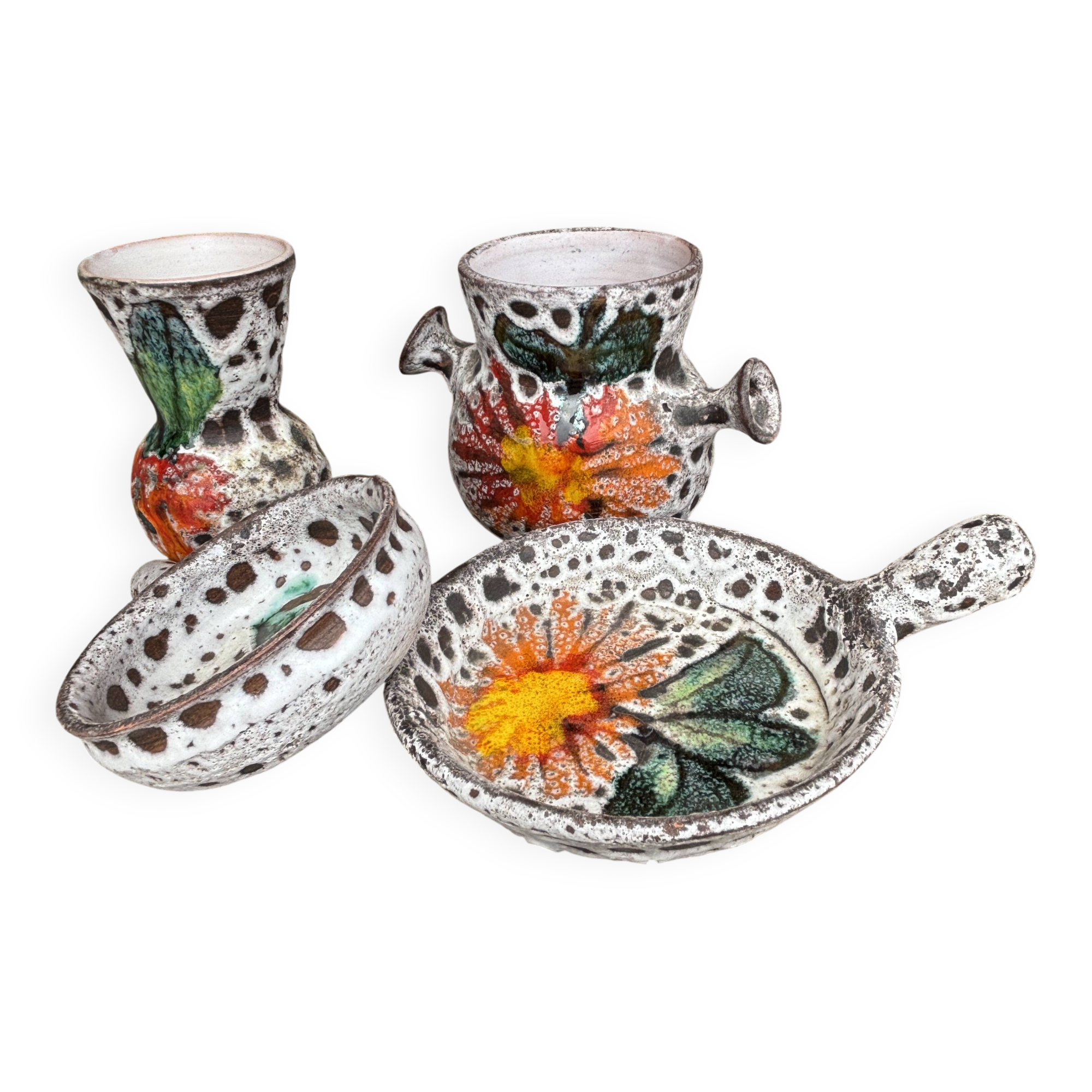 Set of 4 pieces La Roue Vallauris – 2 vases and 2 pans – ceramic v
