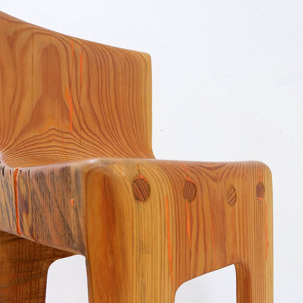 Sculptural high chair in brutalist style made of solid oak.