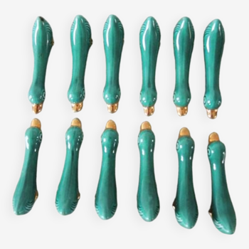 12 Old Duck Knife Holders in Green Ceramic