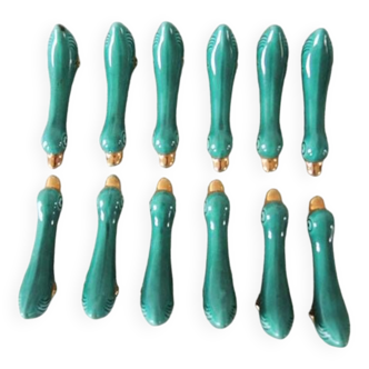 12 Old Duck Knife Holders in Green Ceramic