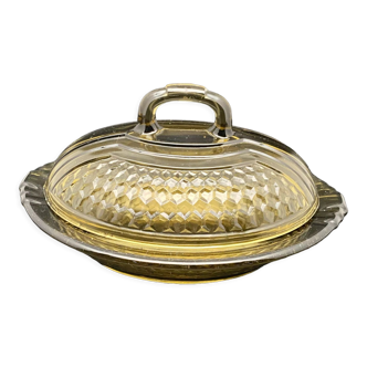 Butter dish or "little casserole" in black colored glass honeycomb pattern