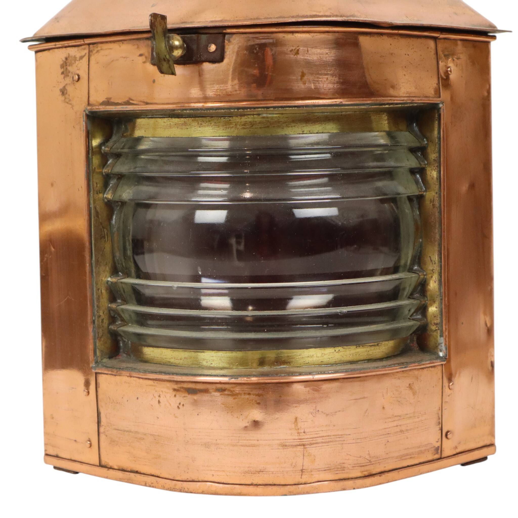 Large Vintage Ship's Lamp Red Copper Fresnel Lens 49cm