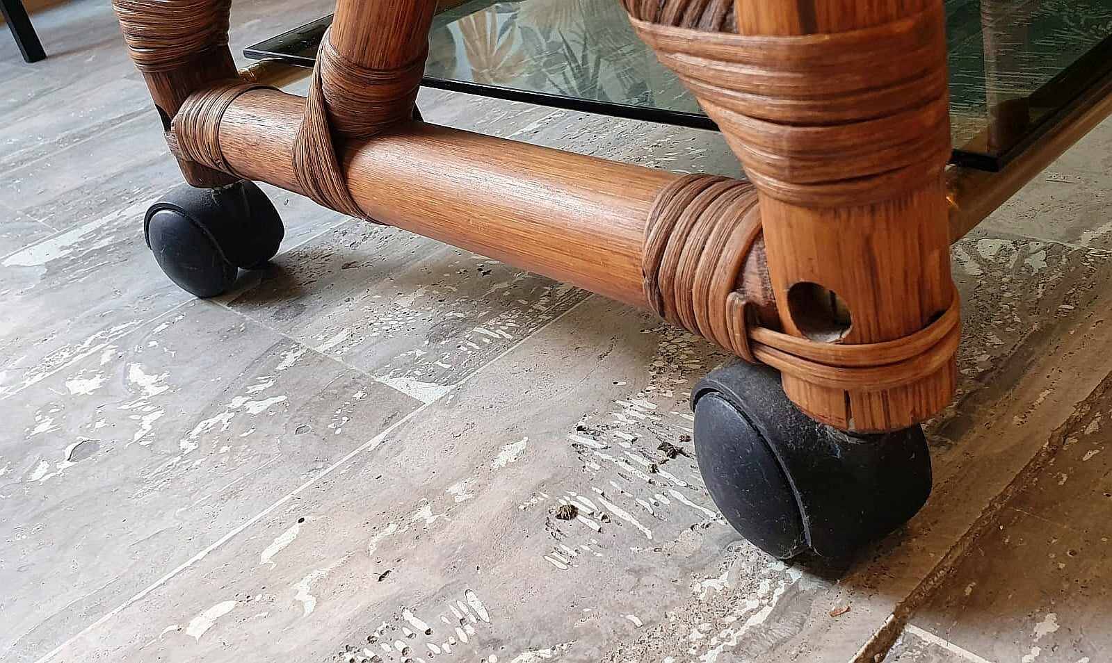 Bamboo coffee table on casters