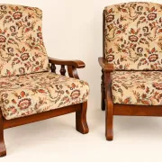 Pair of vintage 70s lounge chairs in wood & floral fabric