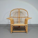 Chaise longue surdimensionnée en rotin/bambou avec coussins d'origine. Années 1970