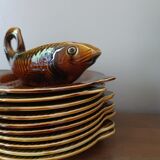 Fish-shaped plates and zoomorphic gravy boat, Sarreguemines earthenware