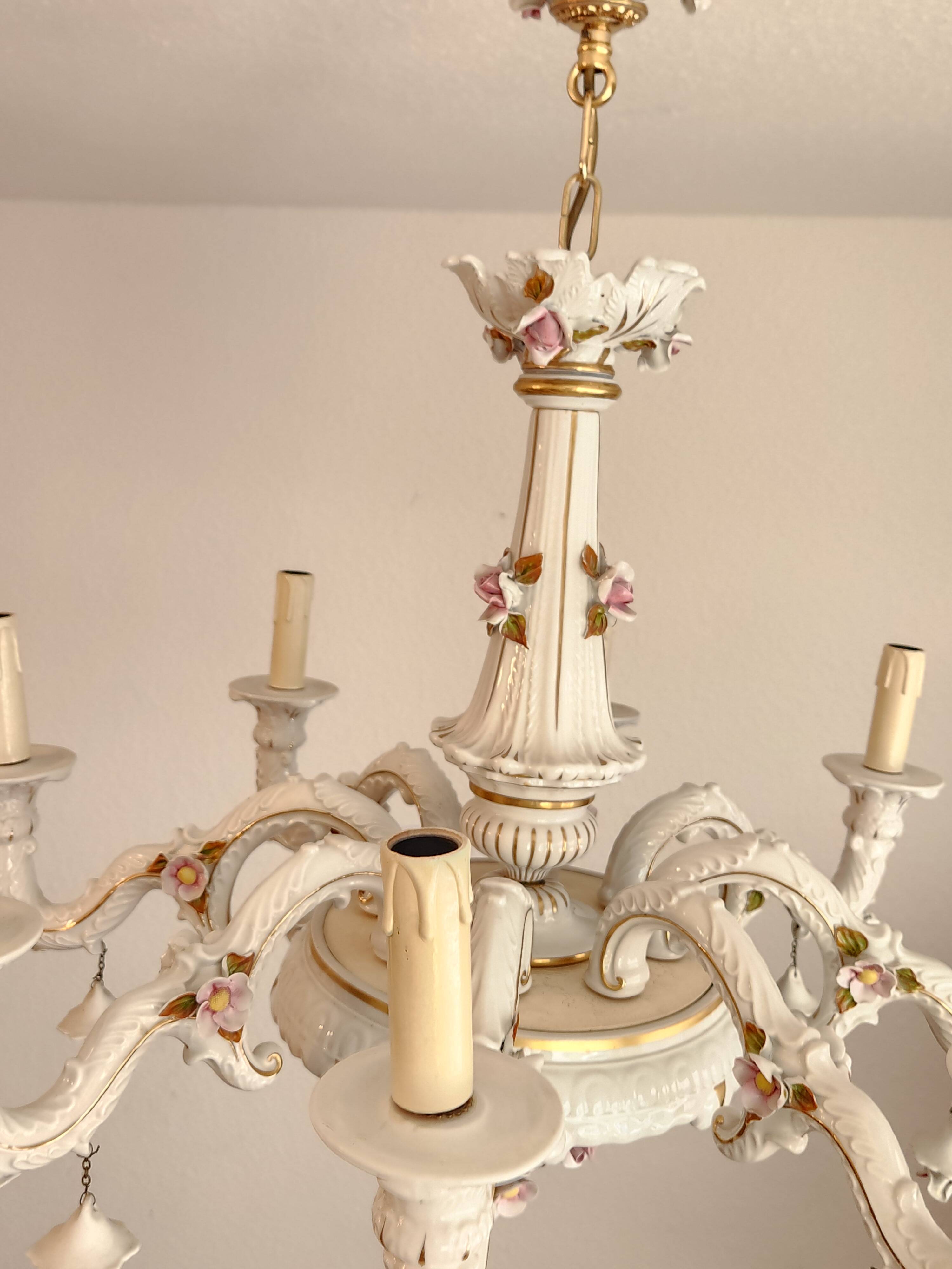 Large hand-painted gilded chandelier mangani ceramiche porcelain