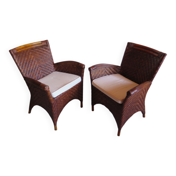 Vintage -Lot de 2 fauteuils en rotin tressé -coussins