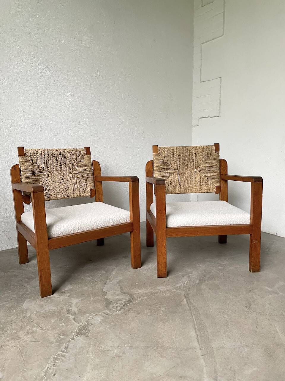 Pair of oak and straw armchairs, reconstruction style