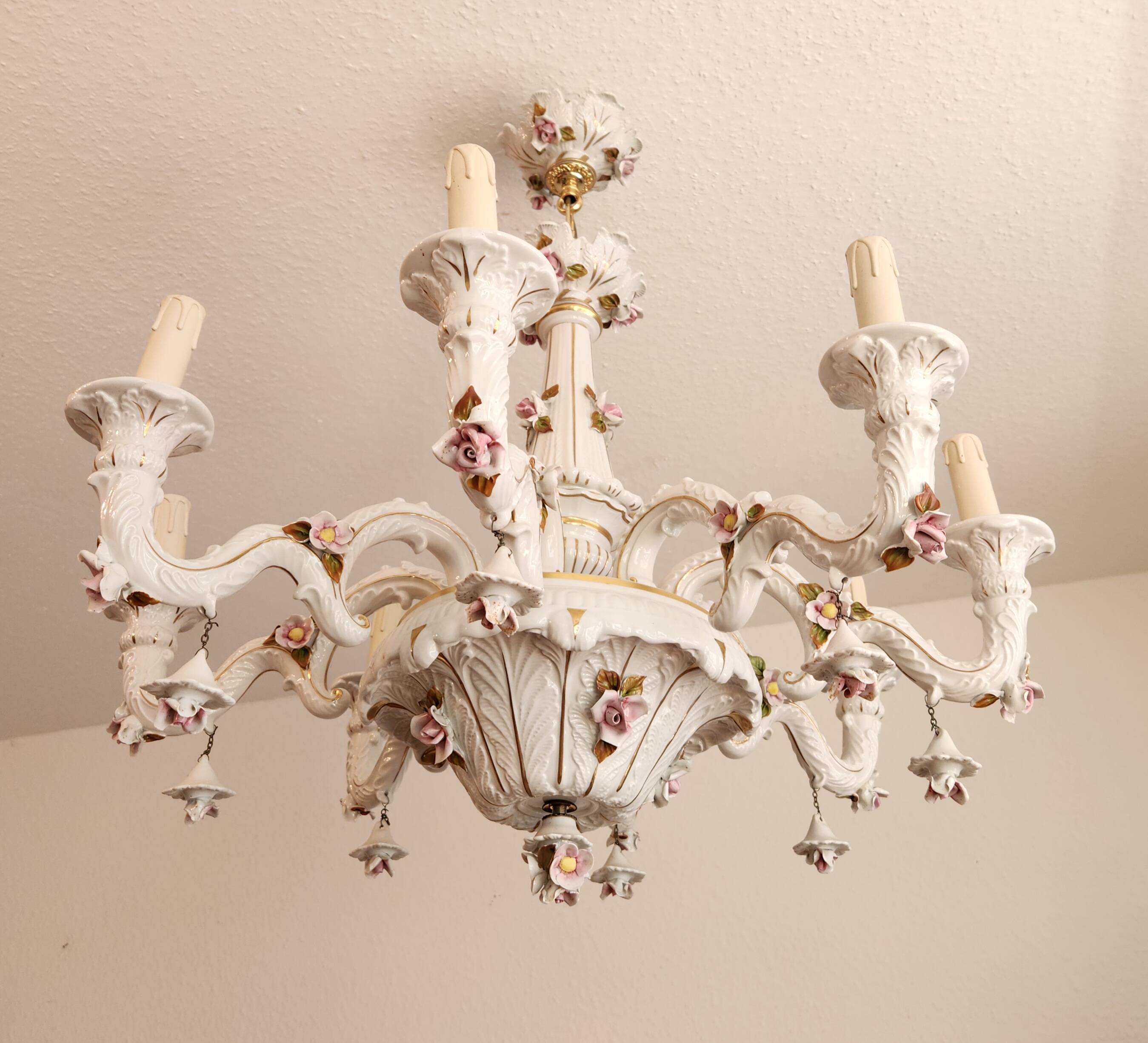 Large hand-painted gilded chandelier mangani ceramiche porcelain