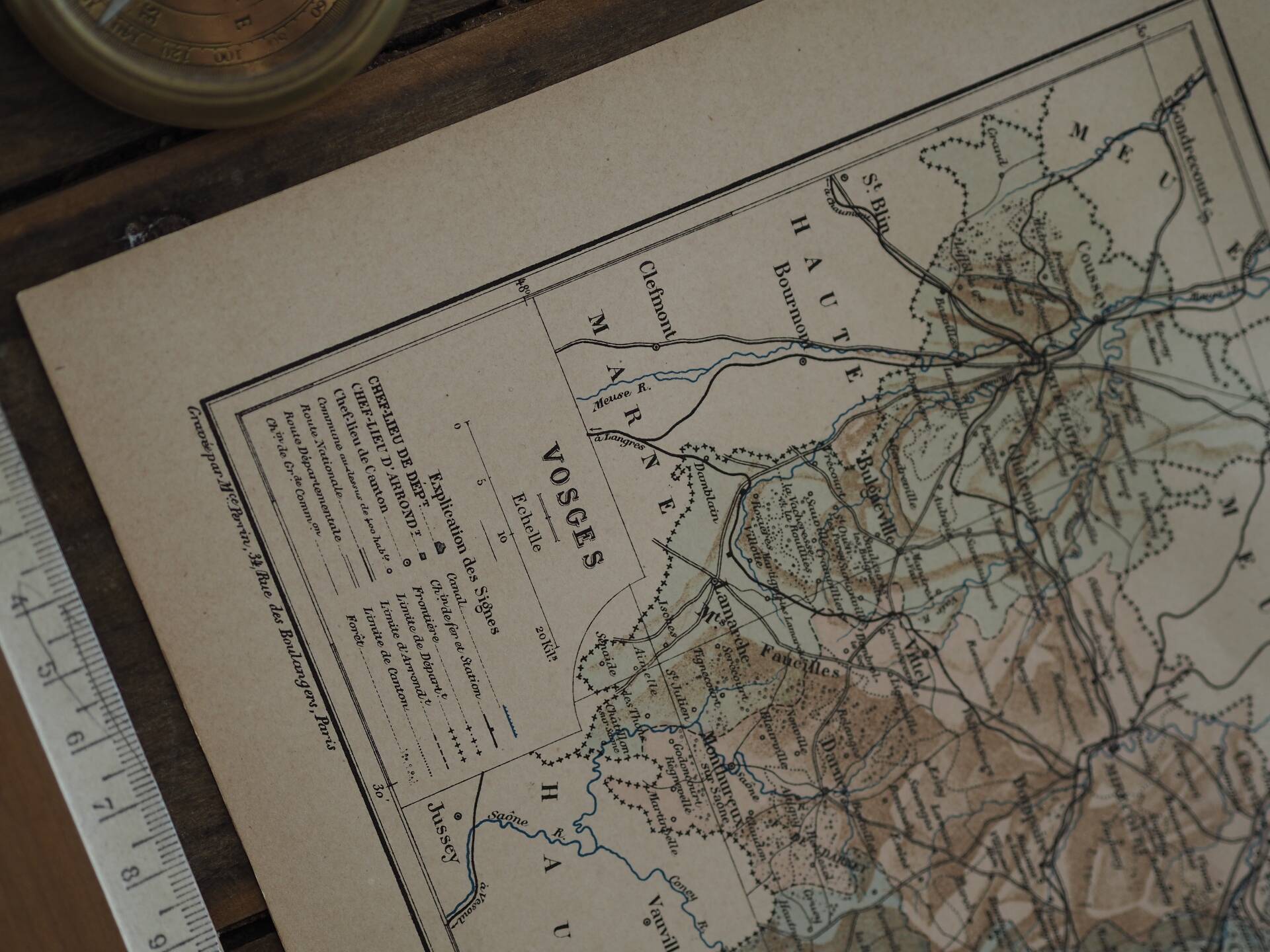 Map of the Vosges, France. Printed antiquity in 1889.