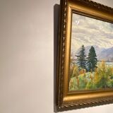 Old painting, landscape of a Swiss lake, signed A Bezencon, dated 1921
