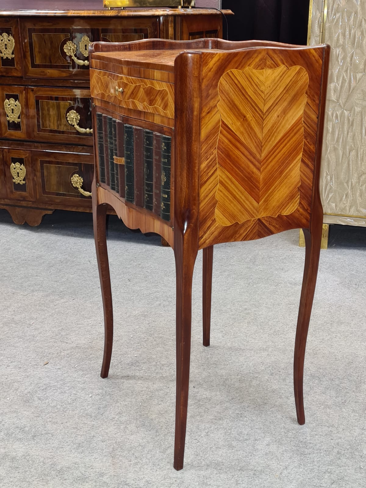 19th century marquetry and leather bedside, 19th century