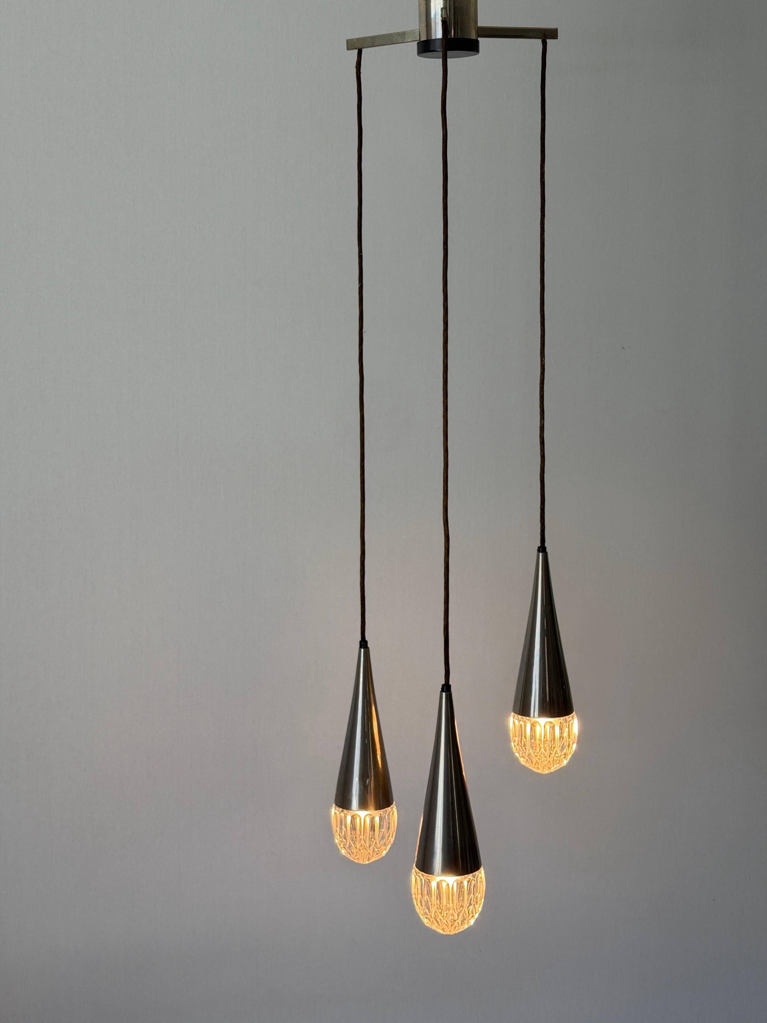 Suspended cascade lamp with 3 glass crystal shades and chrome, 1960s, Germany